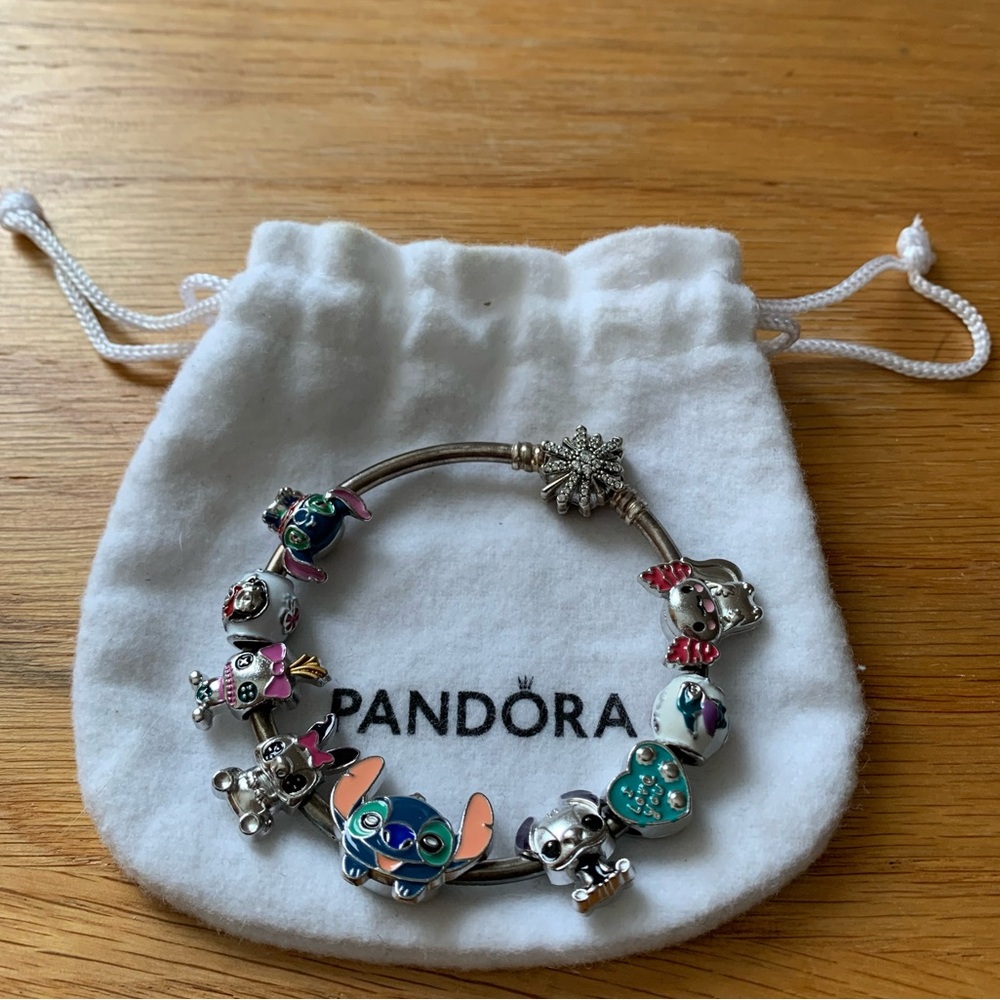 Pandora Fireworks Bangle Bracelet w/ 9 Disney Lilo & Stitch Theme Charms